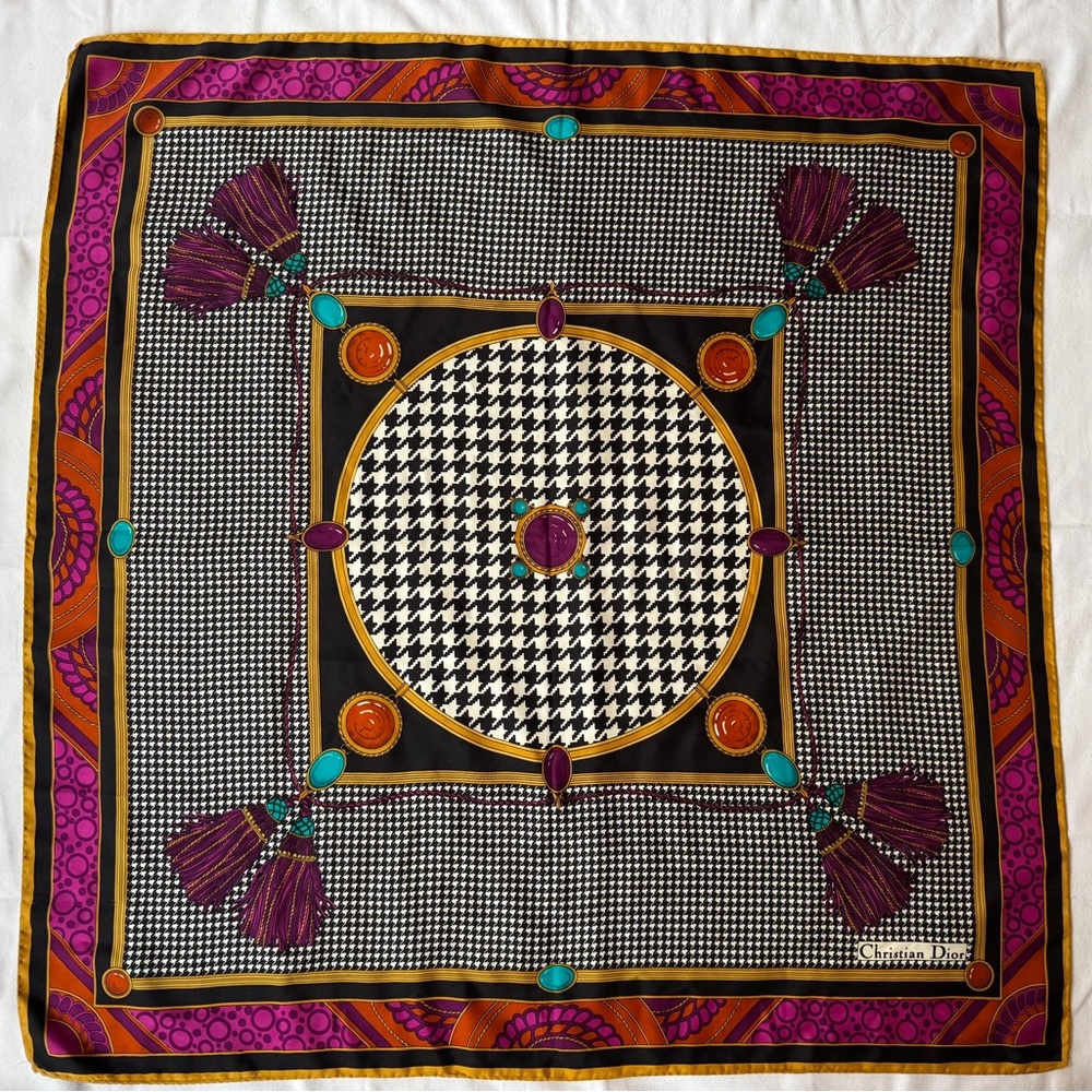 Vtg Dior 100% Handmade Silk Scarf 34”Square, striking Colors and Unique Patterns